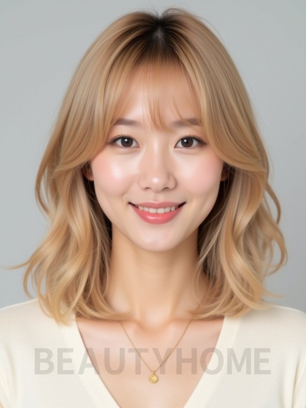 골든 블론드 어깨 레이어+커튼뱅