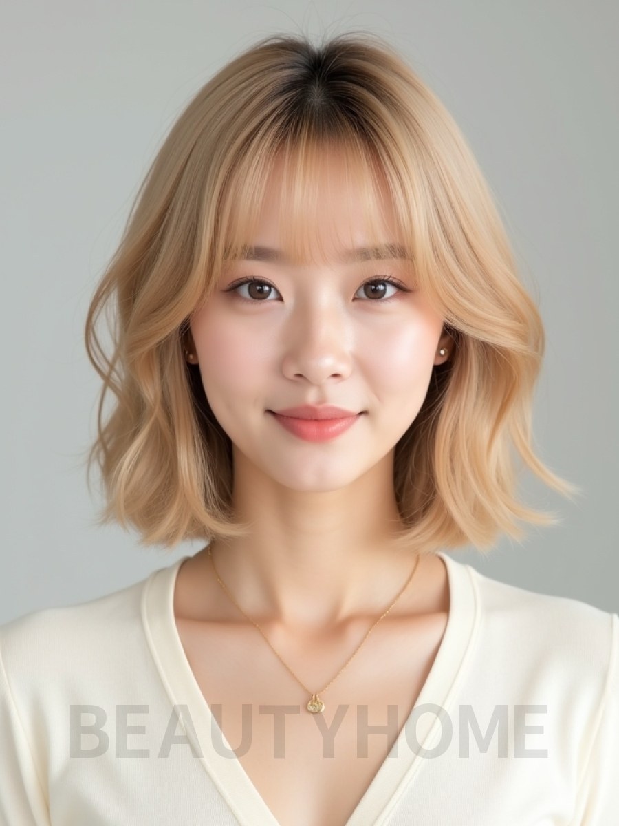 골든 블론드 턱밑 텍스처 단발+풀뱅