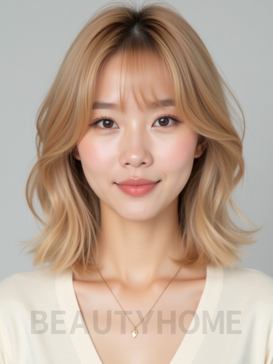 골든 블론드 어깨 웨이브 단발+사이드뱅