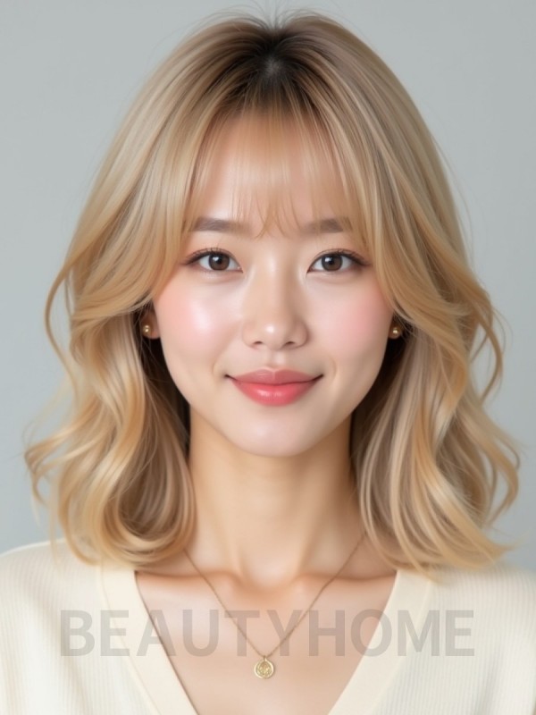 골든 블론드 어깨 레이어+시스루뱅