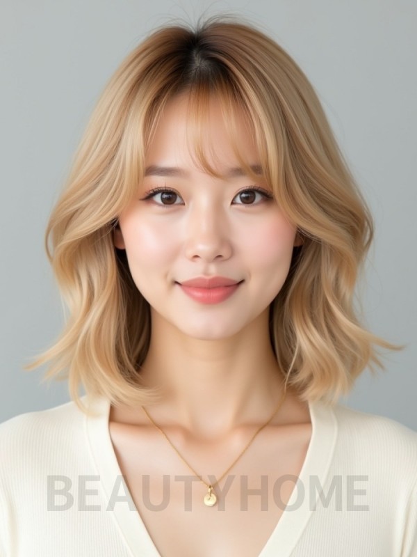 골든 블론드 쇄골 비대칭 단발+풀뱅