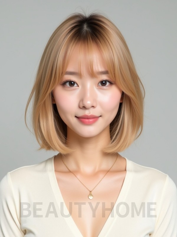 골든 블론드 쇄골 스트레이트 단발+풀뱅