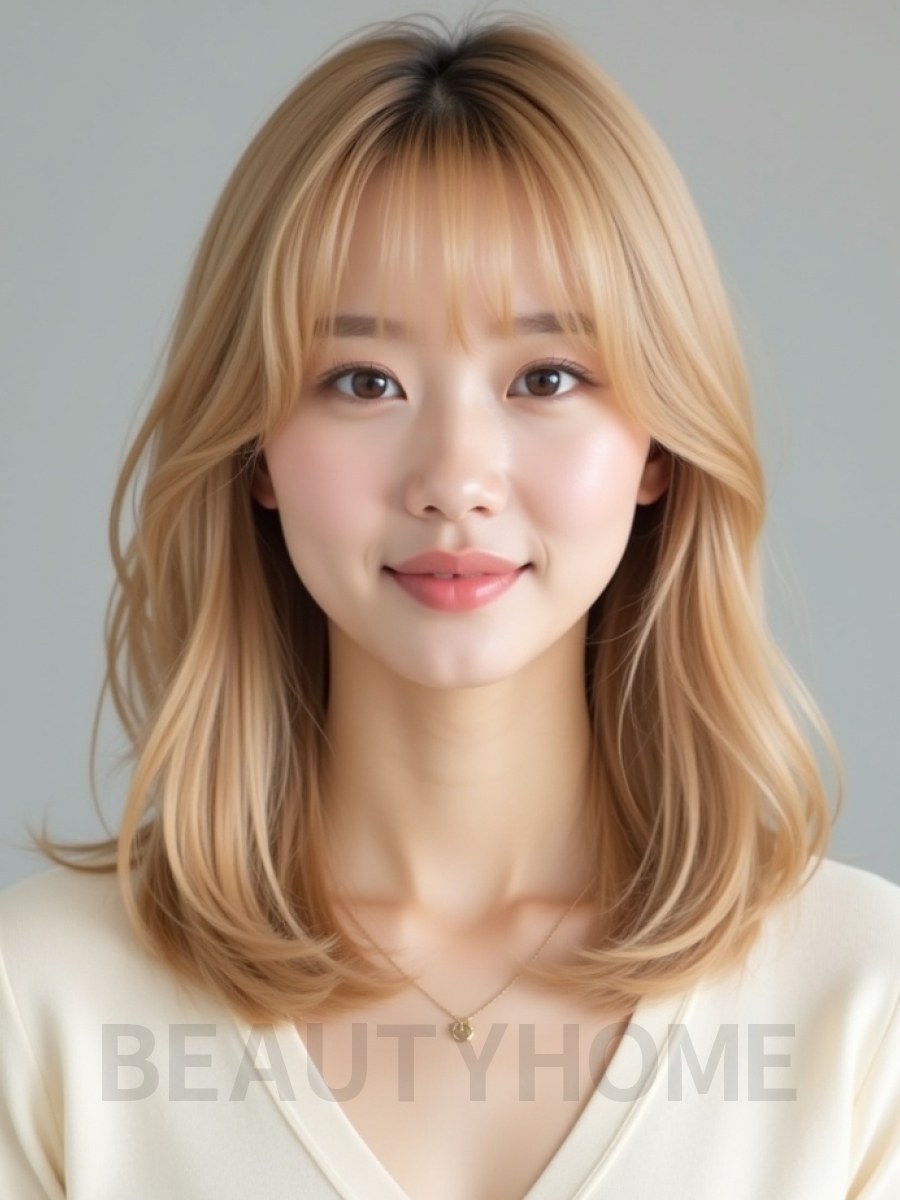 골든 블론드 어깨 생머리+사이드