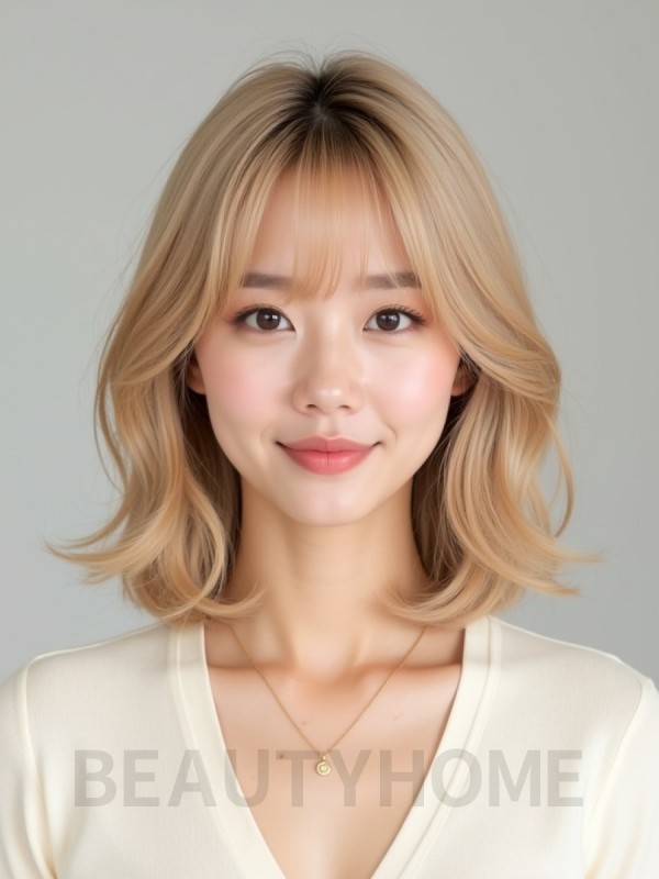 골든 블론드 어깨 텍스처 단발+풀뱅