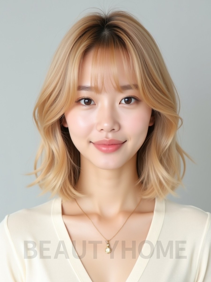 골든 블론드 턱밑 그라데이션 단발+커튼뱅