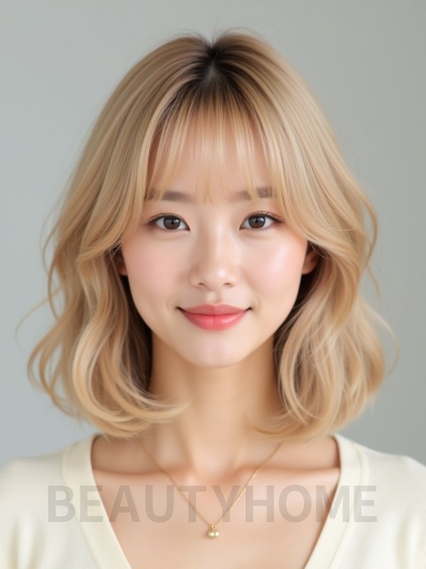 골든 블론드 턱밑 스택 단발+풀뱅