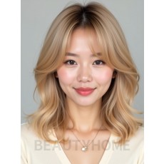 골든 블론드 어깨 비대칭 단발+사이드뱅