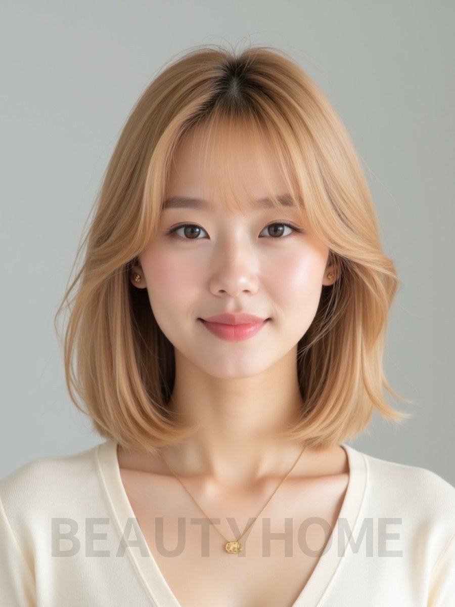 골든 블론드 어깨 스트레이트 단발+사이드뱅