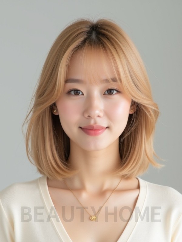 골든 블론드 어깨 스트레이트 단발+사이드뱅