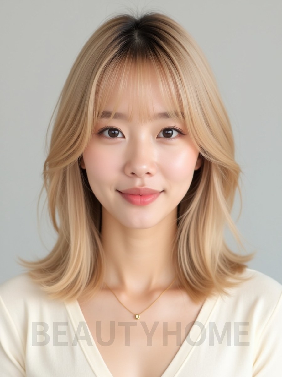 골든 블론드 턱밑 블런트 단발+풀뱅