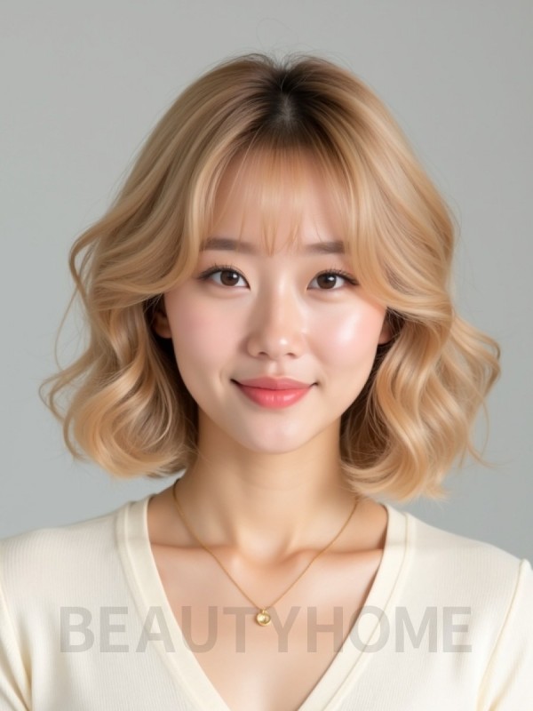 골든 블론드 쇄골 컬 단발+시스루뱅