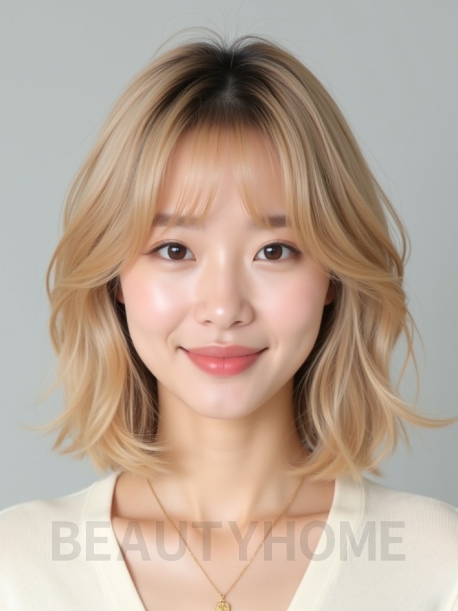 골든 블론드 쇄골 웨이브 단발+시스루뱅