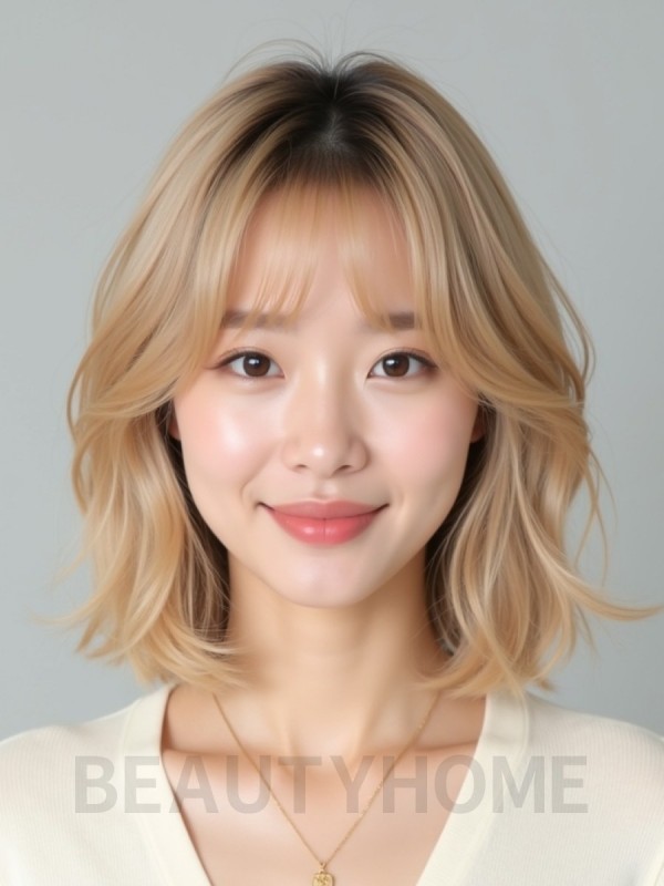 골든 블론드 쇄골 웨이브 단발+시스루뱅