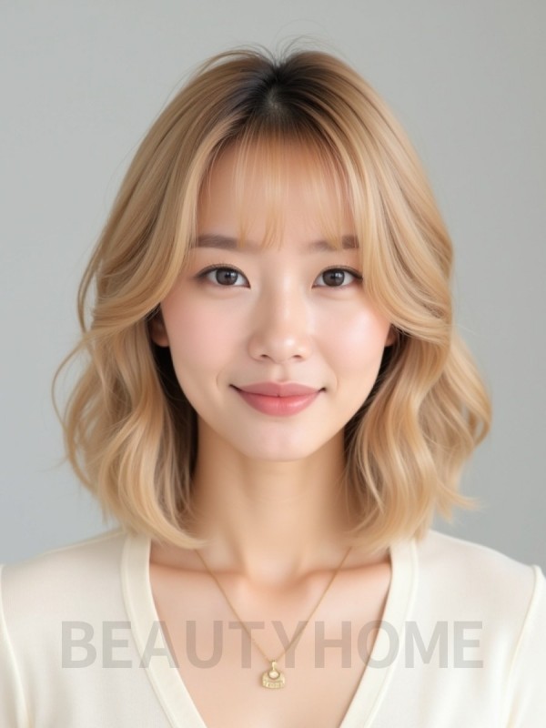 골든 블론드 턱밑 텍스처 단발+시스루뱅