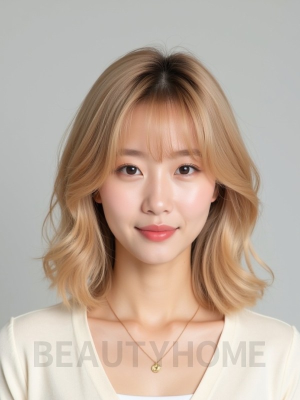 골든 블론드 턱밑 웨이브 단발+사이드뱅