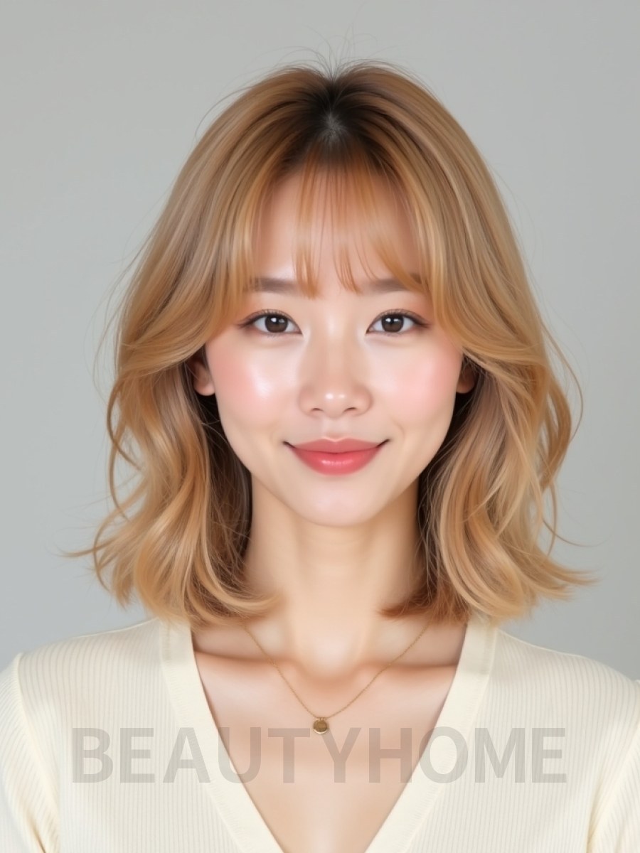 골든 블론드 쇄골 웨이브 단발+커튼뱅