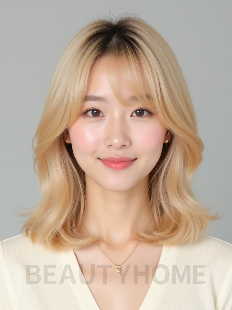 골든 블론드 어깨 그라데이션 단발+풀뱅