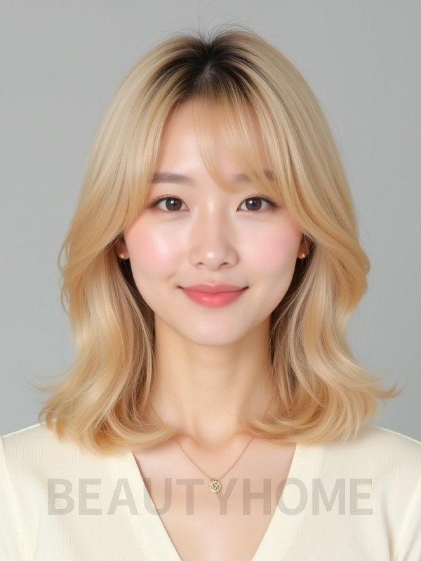 골든 블론드 어깨 그라데이션 단발+풀뱅