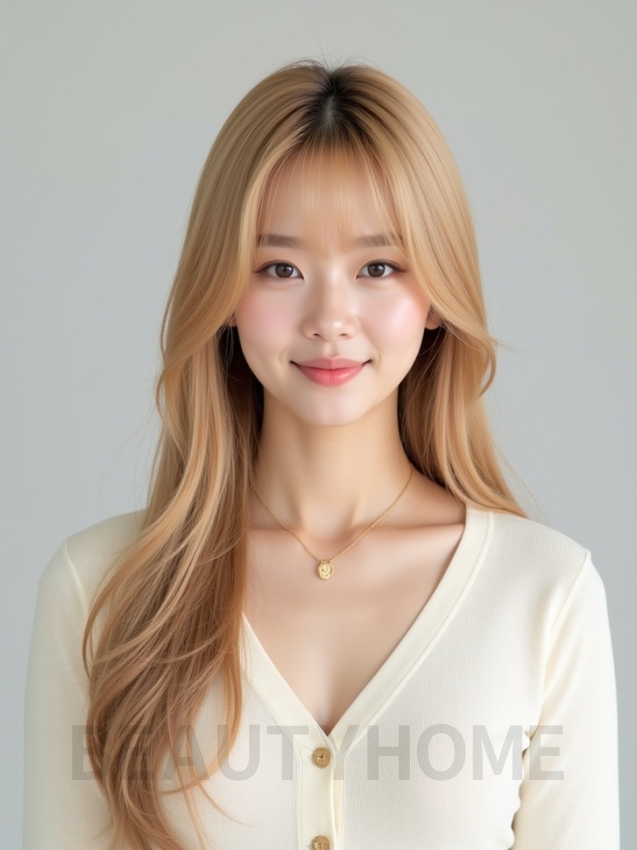 골든 블론드 긴 생머리+커튼뱅