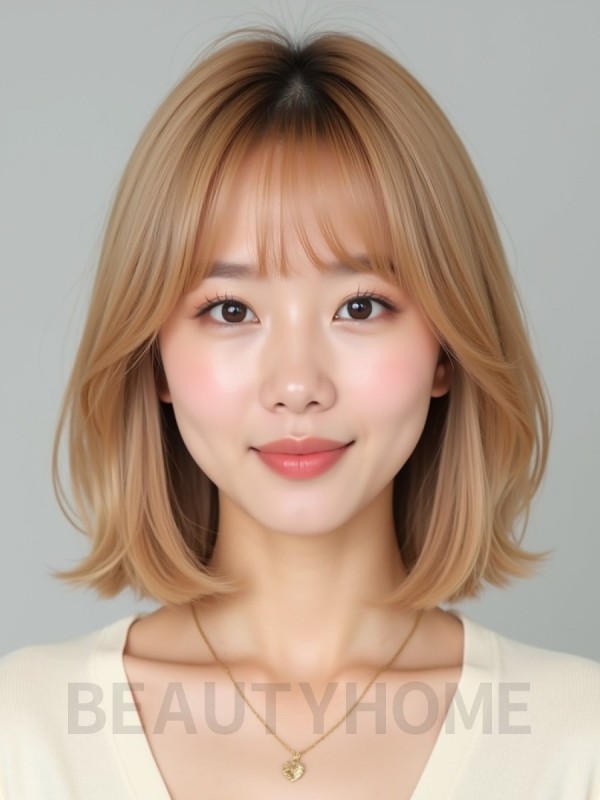 골든 블론드 어깨 스트레이트 단발+커튼뱅