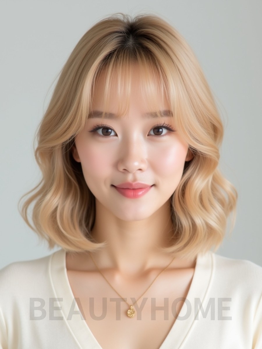 골든 블론드 어깨 레이어드 단발+시스루뱅