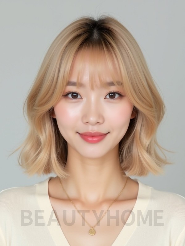 골든 블론드 턱밑 텍스처 단발+뱅