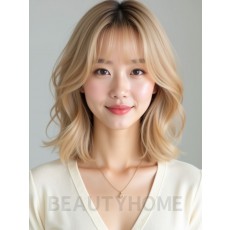 골든 블론드 어깨 비대칭 단발+시스루뱅