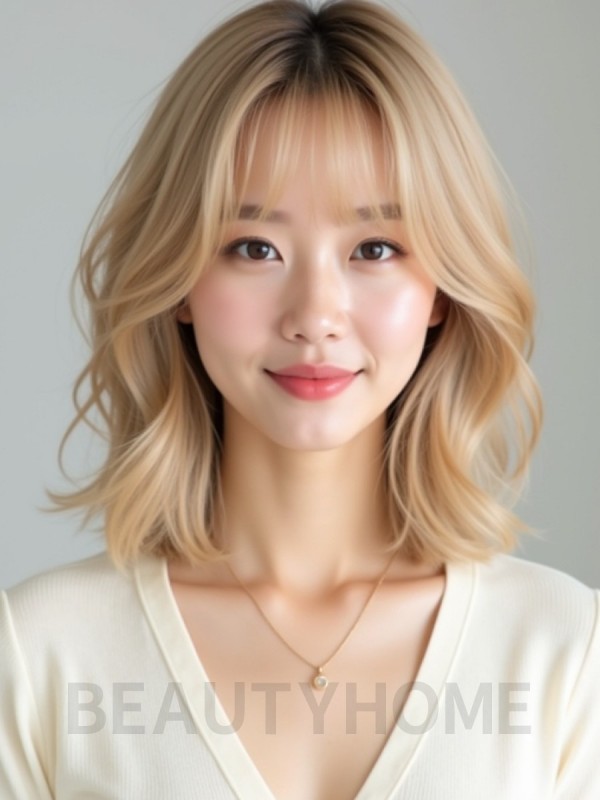 골든 블론드 어깨 비대칭 단발+시스루뱅