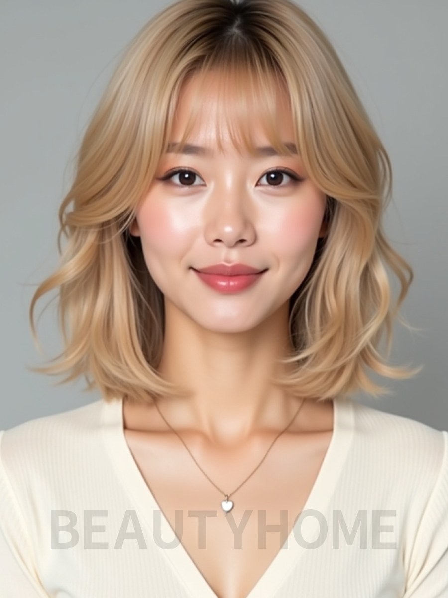 골든 블론드 쇄골 텍스처 단발+뱅