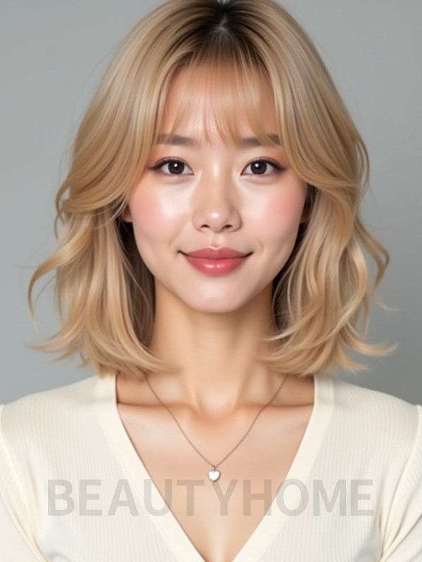골든 블론드 쇄골 텍스처 단발+뱅