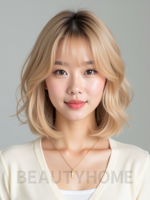 골든 블론드 턱밑 인버티드 단발+시스루뱅