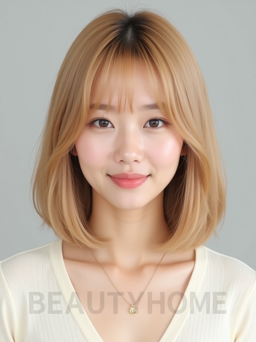 골든 블론드 어깨 스트레이트 단발+풀뱅