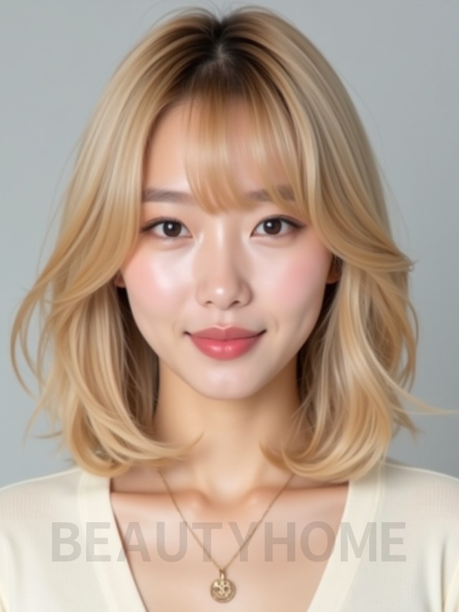 골든 블론드 쇄골 블런트 단발+커튼뱅