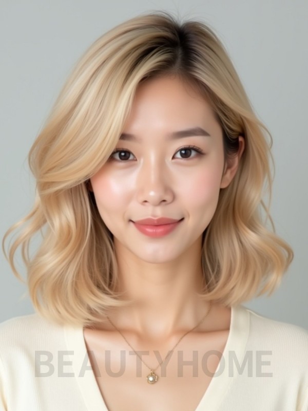 골든 블론드 턱밑 컬 단발+사이드뱅