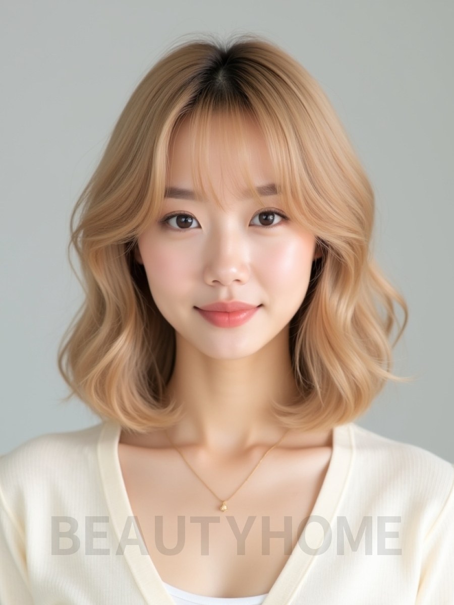 골든 블론드 쇄골 인버티드 단발+커튼뱅