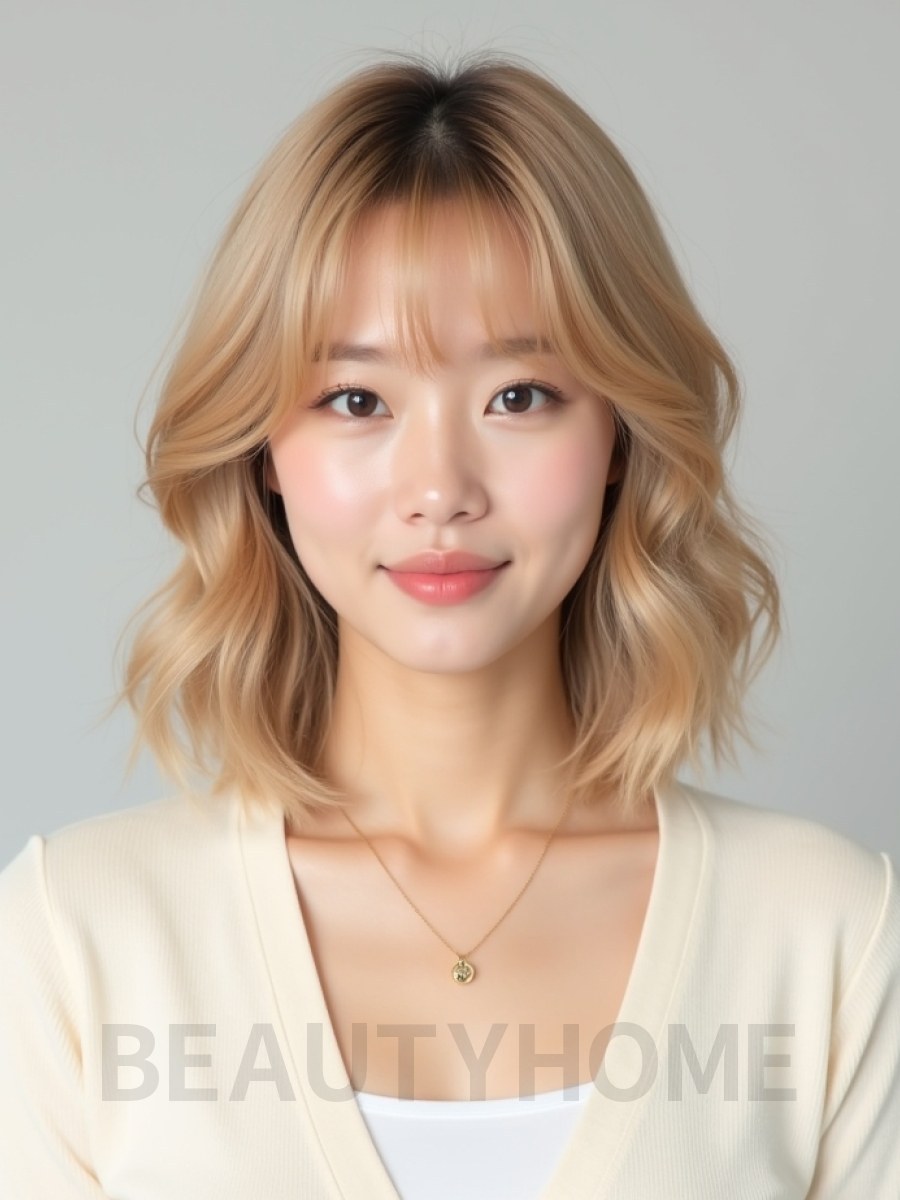 골든 블론드 어깨 웨이브 단발+뱅
