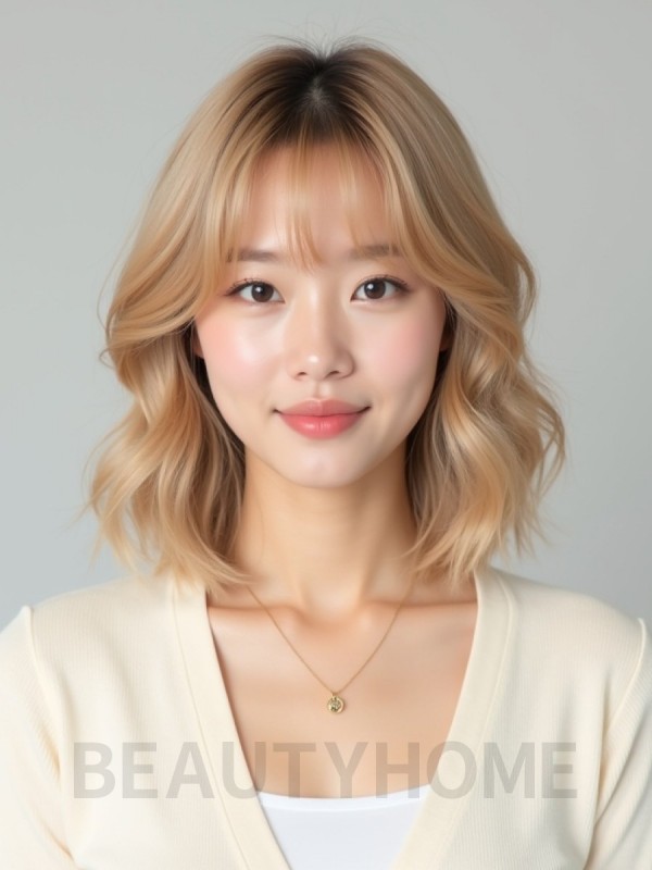 골든 블론드 어깨 웨이브 단발+뱅