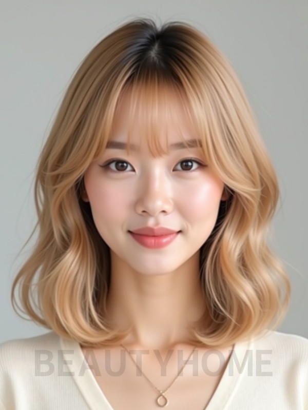 골든 블론드 턱밑 텍스처 단발+커튼뱅