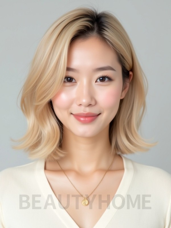 골든 블론드 턱밑 비대칭 단발+사이드뱅