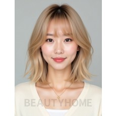 골든 블론드 어깨 비대칭 단발+커튼뱅