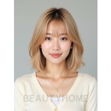 골든 블론드 어깨 블런트 단발+커튼뱅