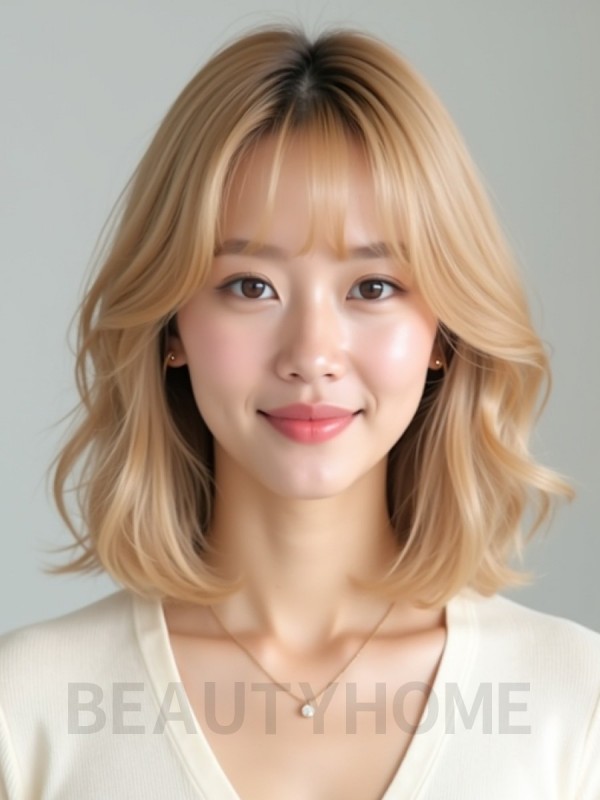 골든 블론드 어깨 인버티드 단발+시스루뱅