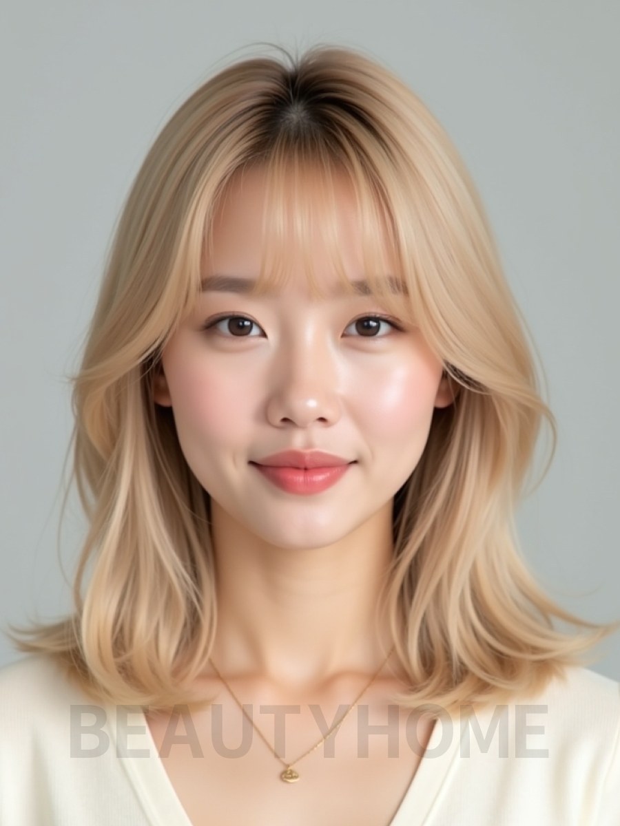 골든 블론드 어깨 스트레이트 단발+시스루뱅