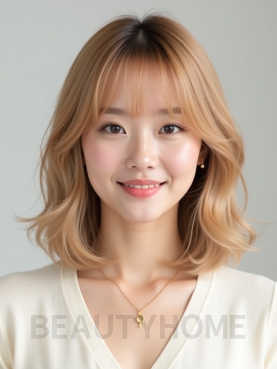 골든 블론드 어깨 인버티드 단발+풀뱅