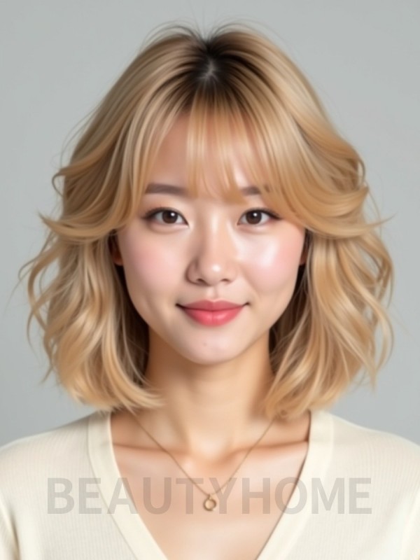 골든 블론드 턱밑 컬 단발+시스루뱅