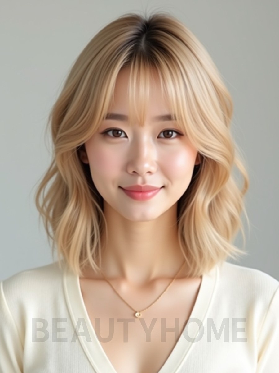 골든 블론드 턱밑 비대칭 단발+뱅