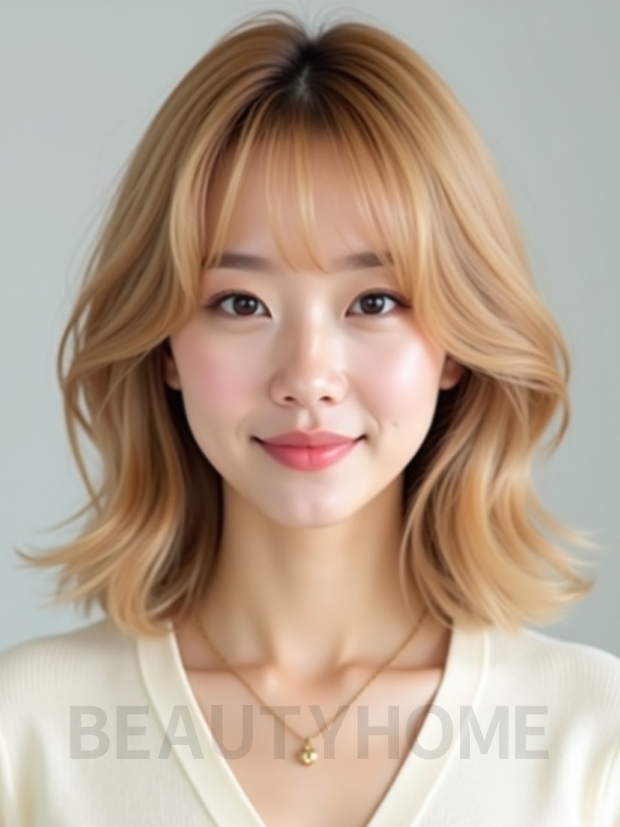 골든 블론드 쇄골 그라데이션 단발+사이드뱅