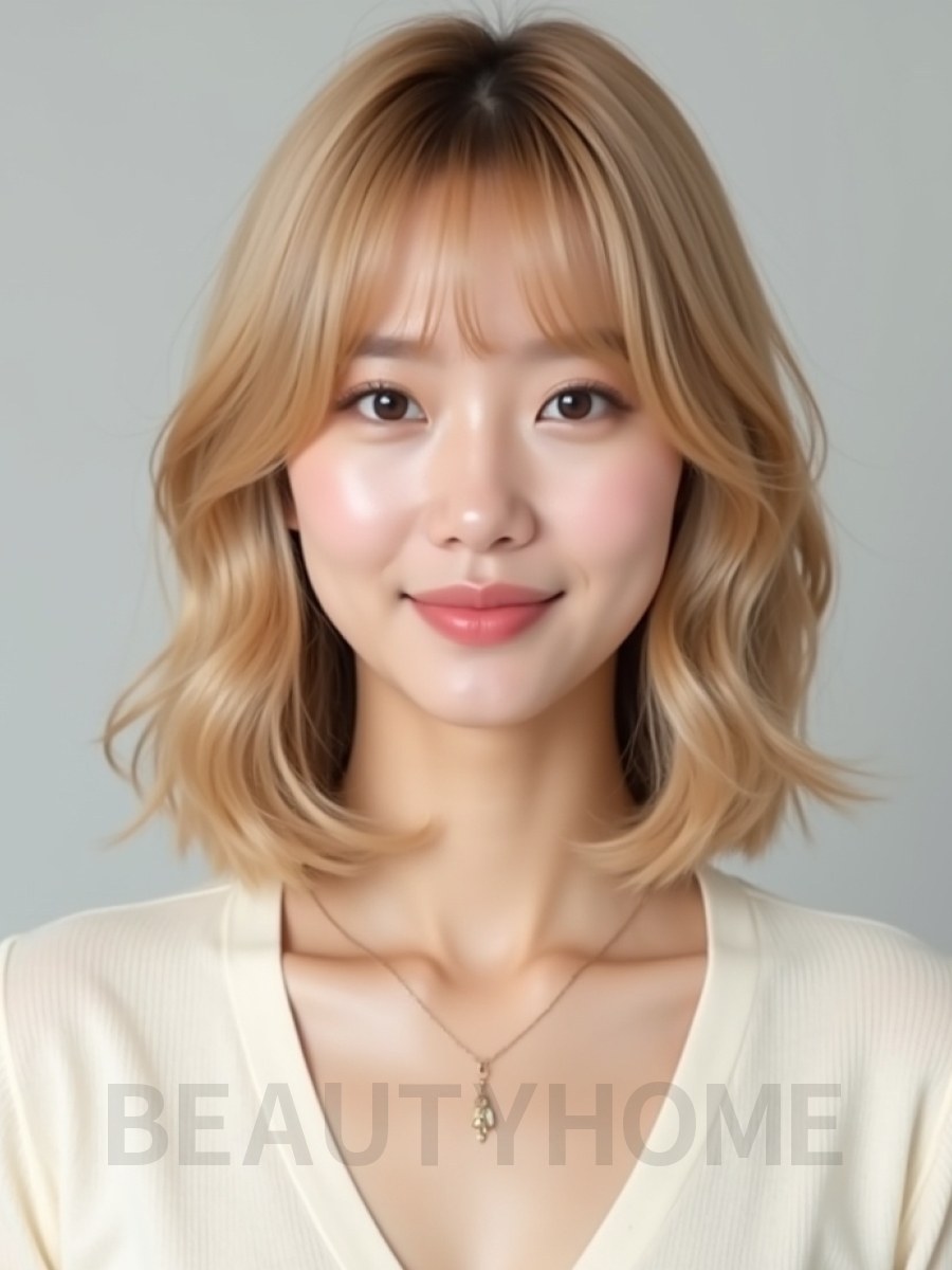 골든 블론드 어깨 스택 단발+풀뱅