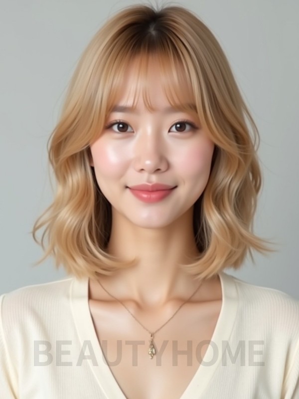 골든 블론드 어깨 스택 단발+풀뱅