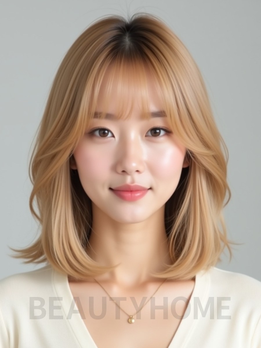 골든 블론드 쇄골 스트레이트 단발+시스루뱅